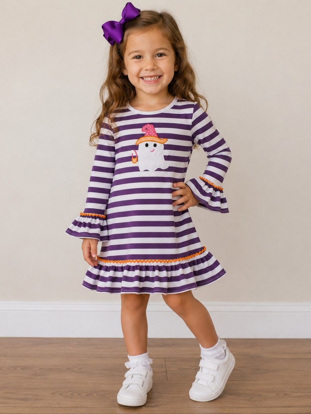 Stellybelly Striped Halloween Dress With Ghost Applique And Ricrac Trim 4T